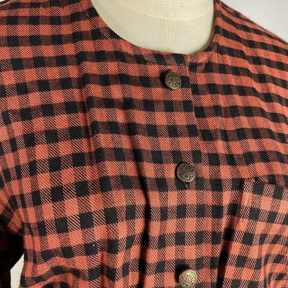 VINTAGE 90s Moda Intl Gingham Plaid Clay & Black Long Sleeve Button Dress Medium - Picture 7 of 8